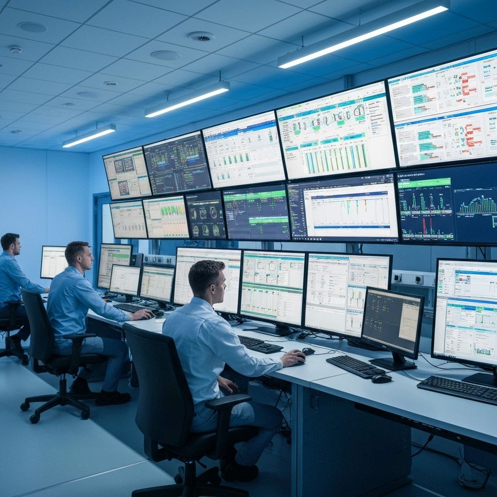Modern industrial control room with SCADA systems